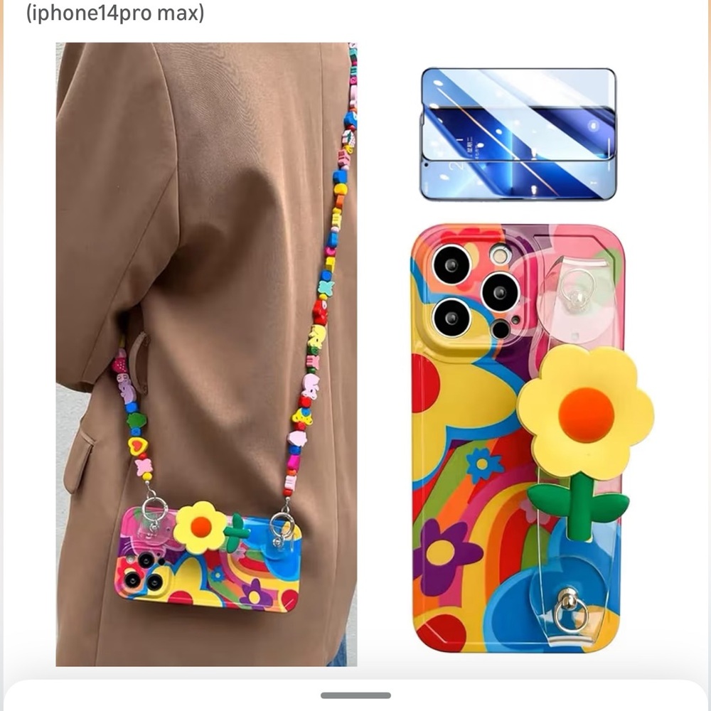 Colorful Floral Phone Case with Strap for iPhone 14 Pro Max